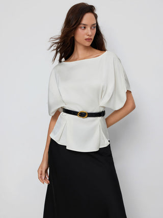 Satin Batwing Sleeve Top & Mid Rise Mermaid Skirt Set with Belt