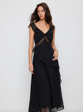 Chiffon V-neck Ruffled A-line Maxi Dress