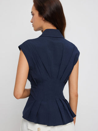 Linen-blend Pleated Button Blouse
