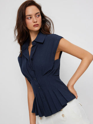Linen-blend Pleated Button Blouse