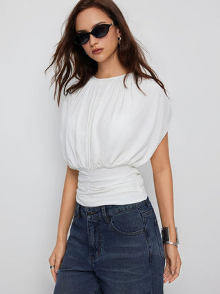 Draped Ruched Round Neckline Sleeveless Top