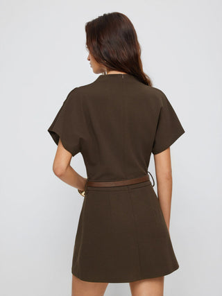 Stand Collar Short Sleeve Ruched A-line Mini Dress With Belt