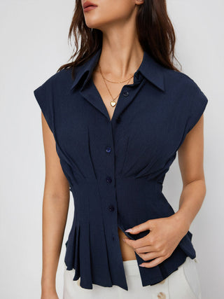 Linen-blend Pleated Button Blouse