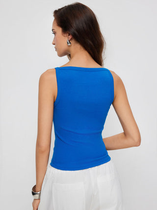 Cotton-blend High Stretch Boat Neck Ribbed Tank Top