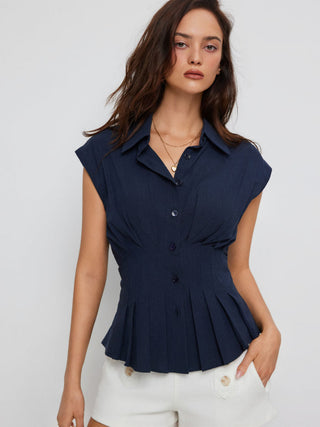 Linen-blend Pleated Button Blouse