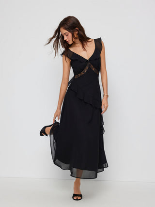 Chiffon V-neck Ruffled A-line Maxi Dress