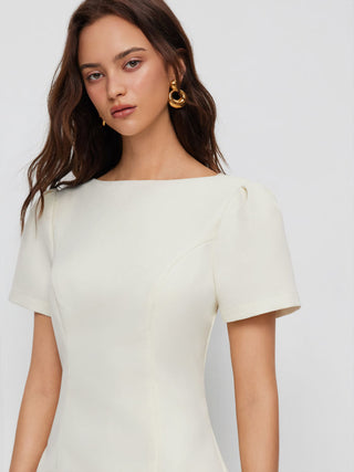 Round Neckline Puff Sleeve Mini Straight Dress
