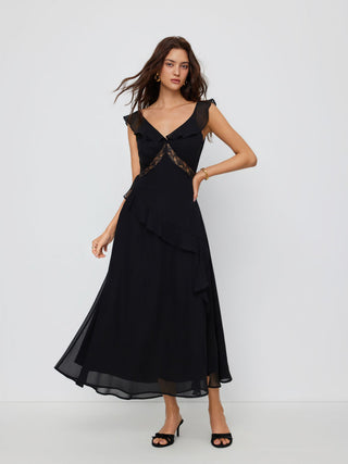 Chiffon V-neck Ruffled A-line Maxi Dress