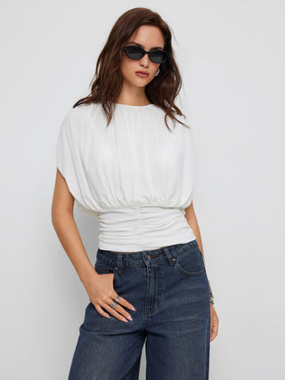 Draped Ruched Round Neckline Sleeveless Top