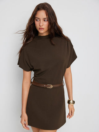 Stand Collar Short Sleeve Ruched A-line Mini Dress With Belt