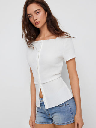 Textured Boat Neck Button Up Lettuce Trim Short Sleeve Top