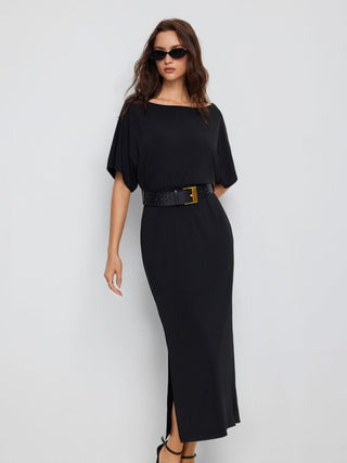 High Stretch Boat Neck Batwing Sleeve Straight Maxi Dress With Belt
