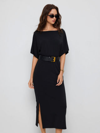 High Stretch Boat Neck Batwing Sleeve Straight Maxi Dress With Belt