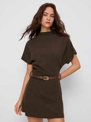 Stand Collar Short Sleeve Ruched A-line Mini Dress With Belt