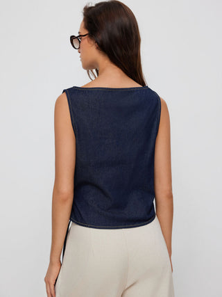 Washed Denim Boat Neck Wrap Tie Waist Asymmetrical Hem Vest