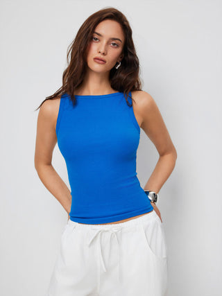 Cotton-blend High Stretch Boat Neck Ribbed Tank Top
