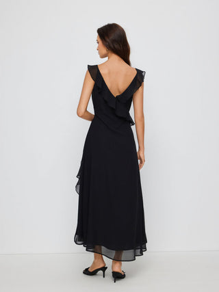 Chiffon V-neck Ruffled A-line Maxi Dress