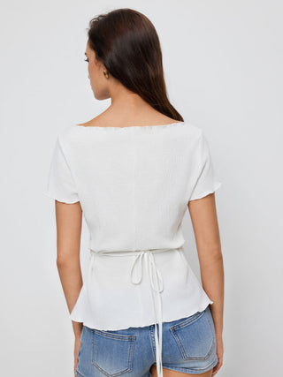 Textured Boat Neck Button Up Lettuce Trim Short Sleeve Top