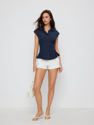 Linen-blend Pleated Button Blouse