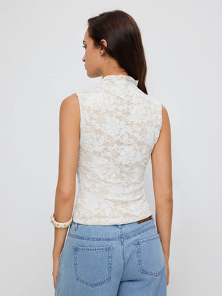 Lace Floral Stand Collar Tank Top
