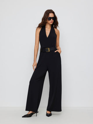 Knit Fabric Halter Neckline Lace Trim Wide Leg Jumpsuit With Belt For Daily Casual Date