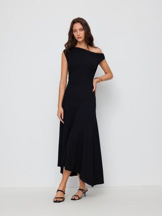 Asymmetrical Neck Ruched Maxi Dress