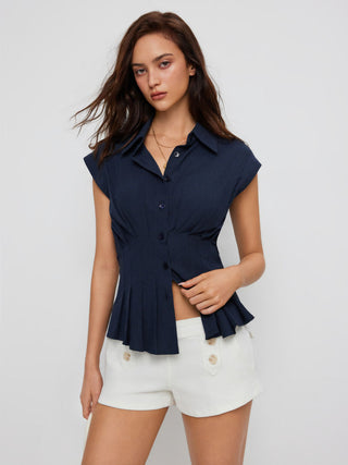 Linen-blend Pleated Button Blouse