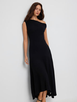 Asymmetrical Neck Ruched Maxi Dress