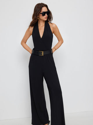 Knit Fabric Halter Neckline Lace Trim Wide Leg Jumpsuit With Belt For Daily Casual Date