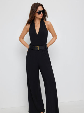 Knit Fabric Halter Neckline Lace Trim Wide Leg Jumpsuit With Belt For Daily Casual Date