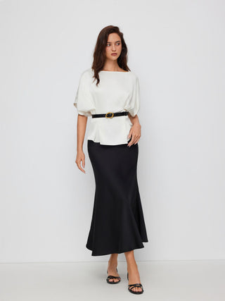 Satin Batwing Sleeve Top & Mid Rise Mermaid Skirt Set with Belt