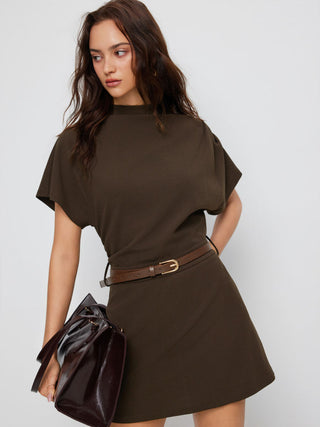 Stand Collar Short Sleeve Ruched A-line Mini Dress With Belt