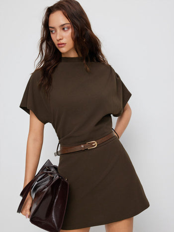 Stand Collar Short Sleeve Ruched A-line Mini Dress With Belt