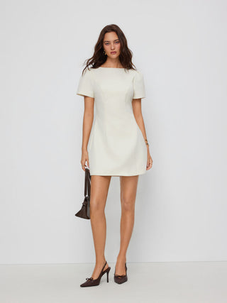 Round Neckline Puff Sleeve Mini Straight Dress