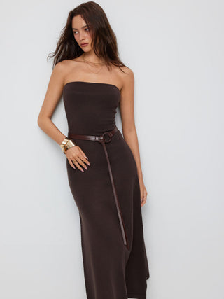 Knit Bandeau A-line Maxi Flared Dress With Belt