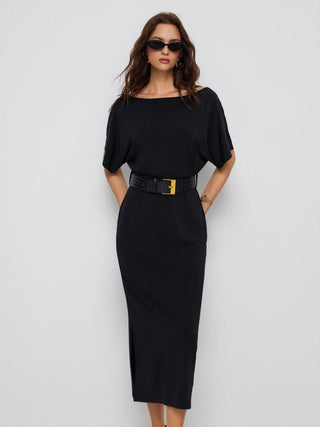 High Stretch Boat Neck Batwing Sleeve Straight Maxi Dress With Belt