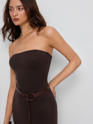 Knit Bandeau A-line Maxi Flared Dress With Belt