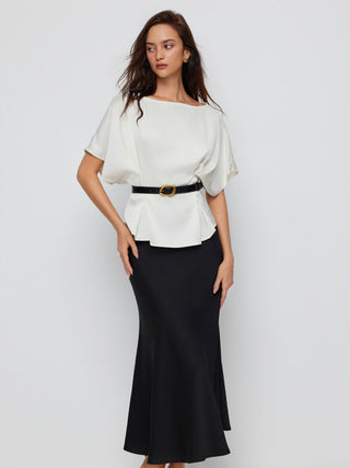 Satin Batwing Sleeve Top & Mid Rise Mermaid Skirt Set with Belt