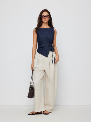 Washed Denim Boat Neck Wrap Tie Waist Asymmetrical Hem Vest