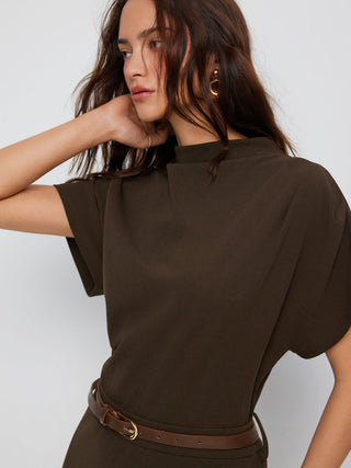 Stand Collar Short Sleeve Ruched A-line Mini Dress With Belt