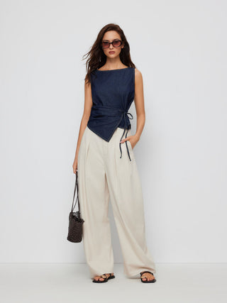 Washed Denim Boat Neck Wrap Tie Waist Asymmetrical Hem Vest
