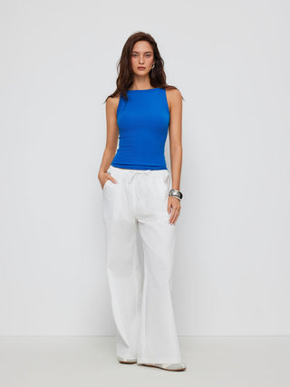 Cotton-blend High Stretch Boat Neck Ribbed Tank Top