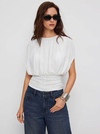 Draped Ruched Round Neckline Sleeveless Top