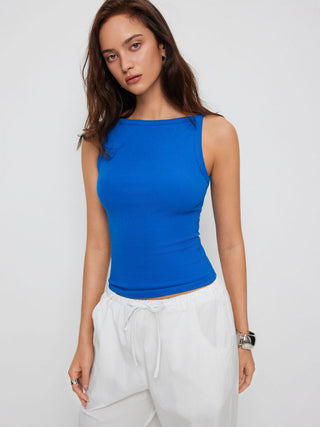 Cotton-blend High Stretch Boat Neck Ribbed Tank Top