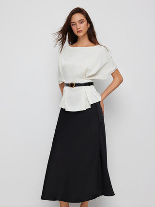 Satin Batwing Sleeve Top & Mid Rise Mermaid Skirt Set with Belt