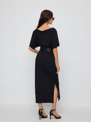 High Stretch Boat Neck Batwing Sleeve Straight Maxi Dress With Belt