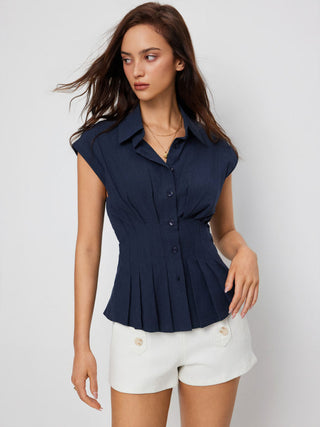Linen-blend Pleated Button Blouse