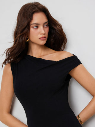 Asymmetrical Neck Ruched Maxi Dress