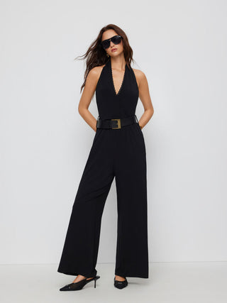 Knit Fabric Halter Neckline Lace Trim Wide Leg Jumpsuit With Belt For Daily Casual Date