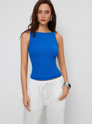 Cotton-blend High Stretch Boat Neck Ribbed Tank Top